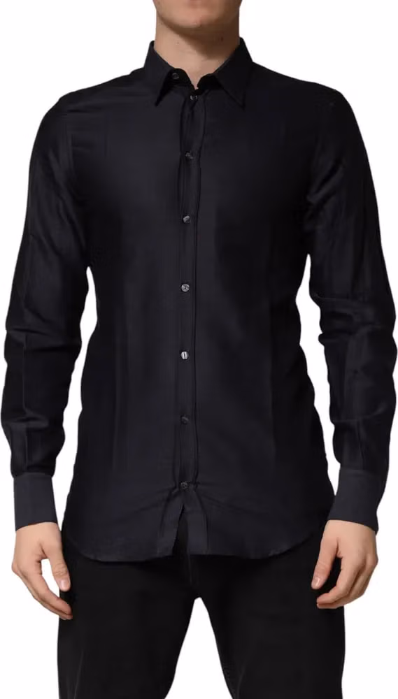 Dolce & Gabbana Black Dotted Cotton Collared GOLD Dress Shirt