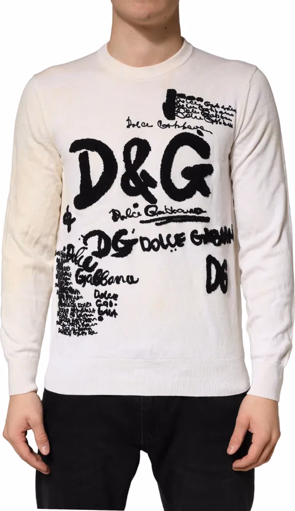Dolce & Gabbana White Virgin Wool Graphic Logo Crewneck Sweater