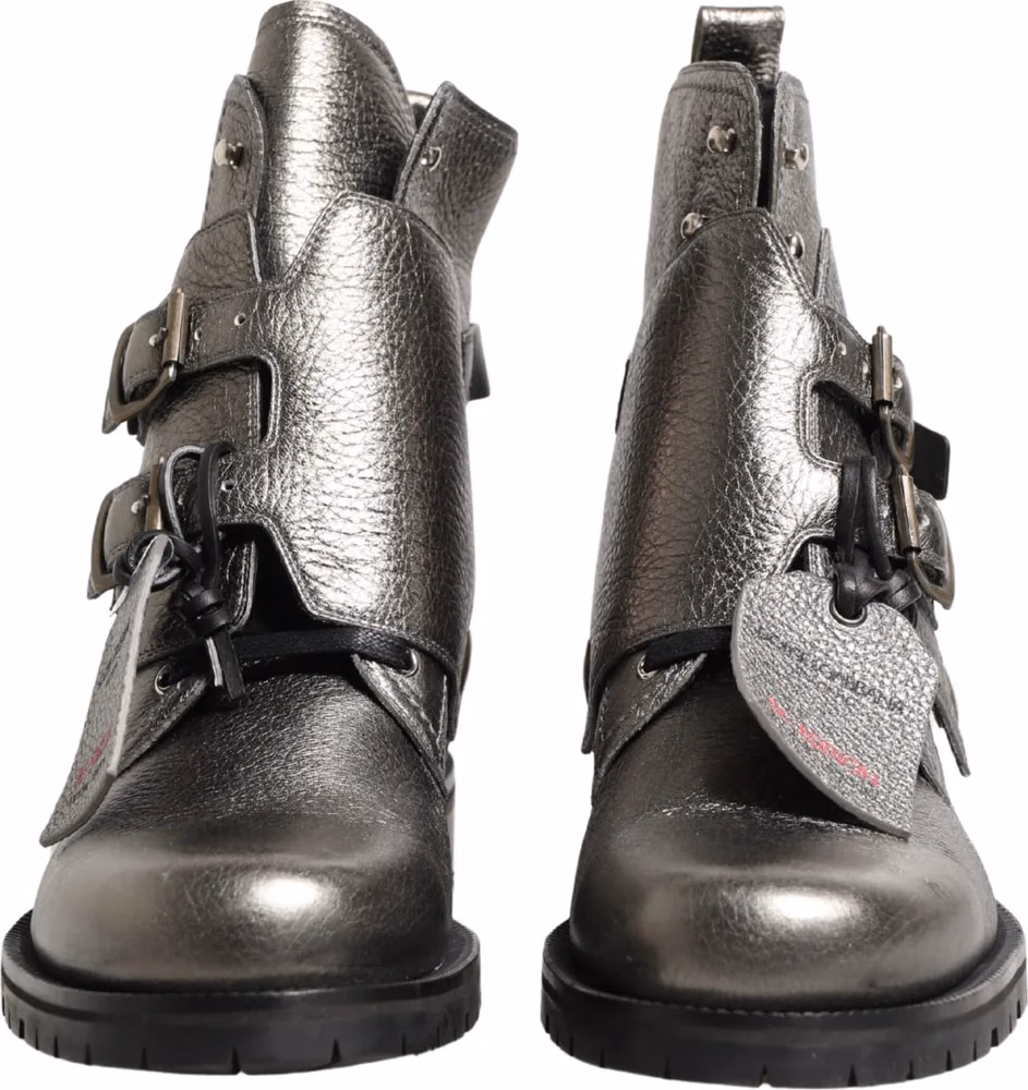 Dolce & Gabbana Metallic Silver Leather Buckle Ankle Boots Shoes