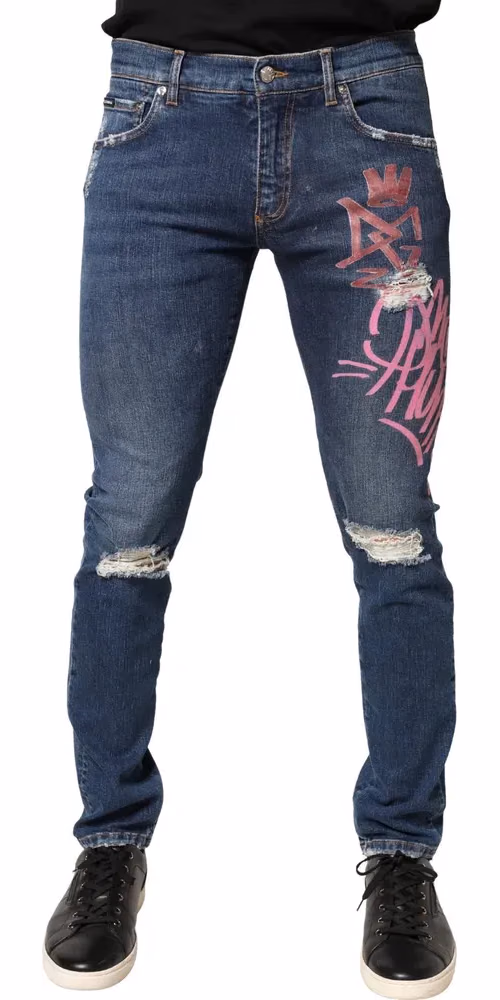 Dolce & Gabbana Blue Distressed Graffiti Print Skinny Jeans