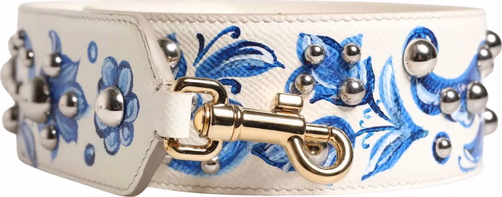 Dolce & Gabbana White Blue Floral Leather Stud Accessory Shoulder Strap