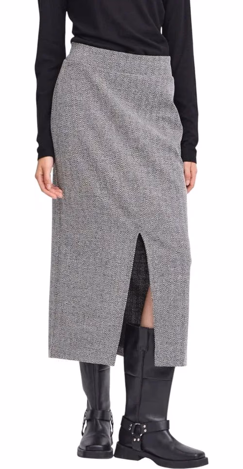 ICHI Black And White Polyester Long Skirt