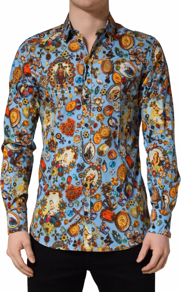 Dolce & Gabbana Blue Cotton Jewel Print Button Down GOLD Shirt