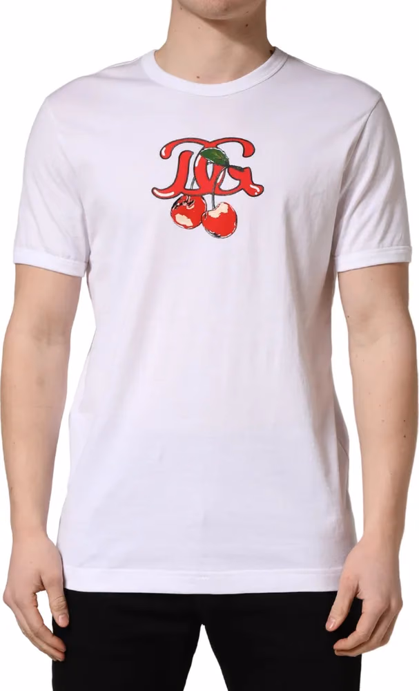Dolce & Gabbana White DG Cherries Cotton Crew Neck  T-shirt