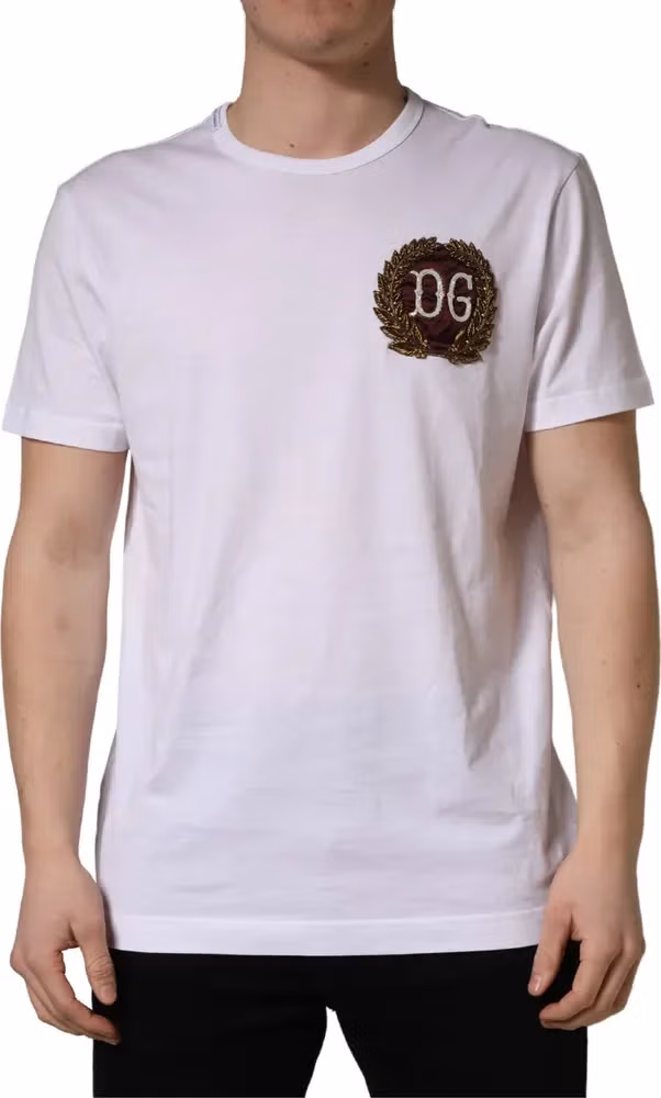 Dolce & Gabbana White DG Leaf Embroidery Crew Neck  T-shirt