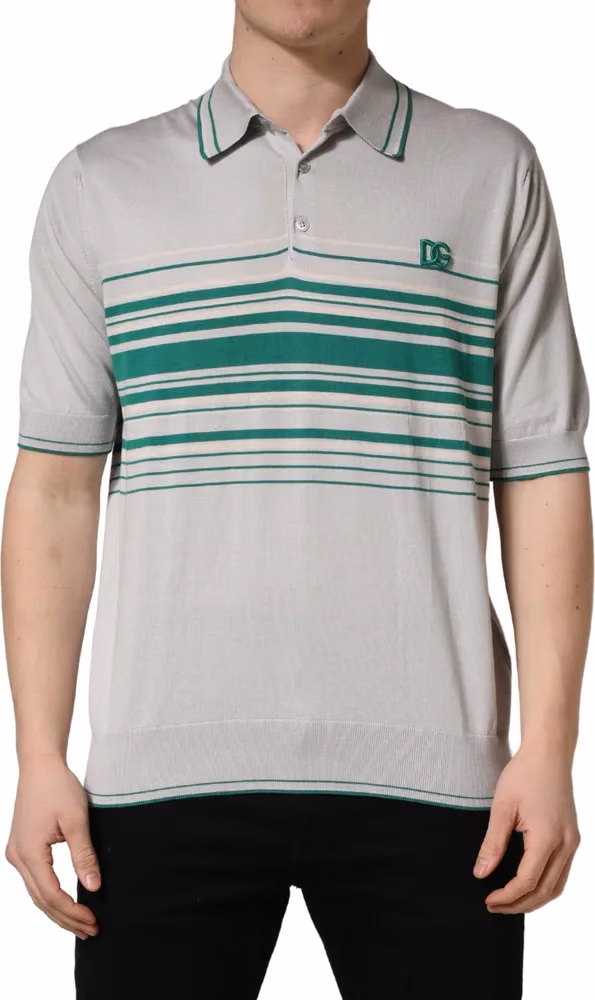 Dolce & Gabbana Gray Green Striped Logo Silk Polo T-shirt