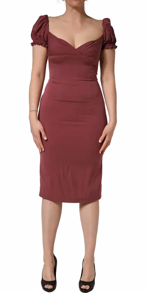 Dolce & Gabbana Maroon Silk Sweetheart Sheath Midi Dress