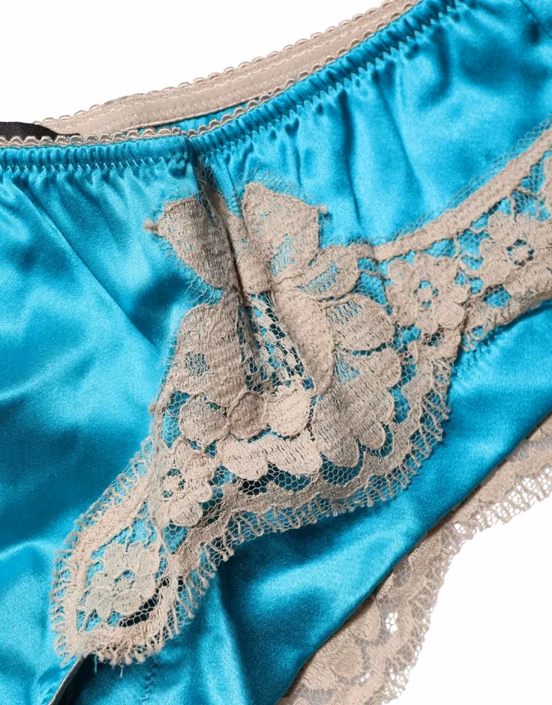 Dolce & Gabbana Blue Silk Satin Floral Lace Panty Brief Underwear