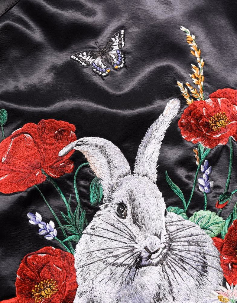 Dolce & Gabbana Black Satin Floral Embroidery Bomber Jacket