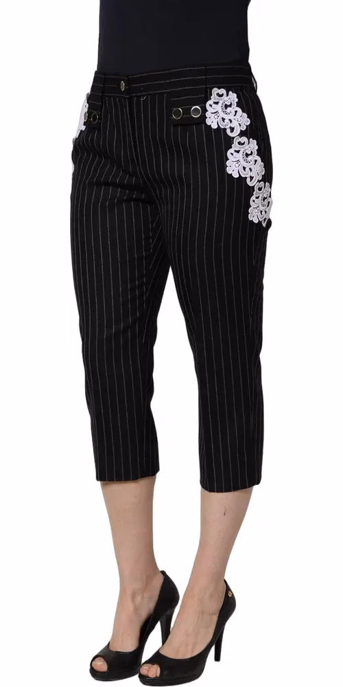 Dolce & Gabbana Black Lace Applique Pinstripe Cropped Pants