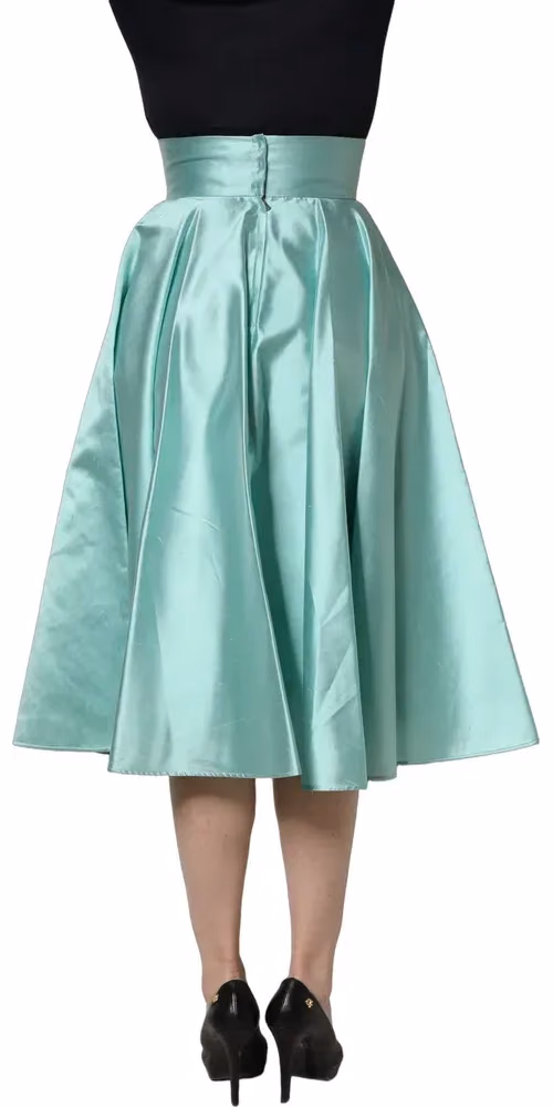 Dolce & Gabbana Green Satin High-Waisted Pleated A-line Midi Skirt