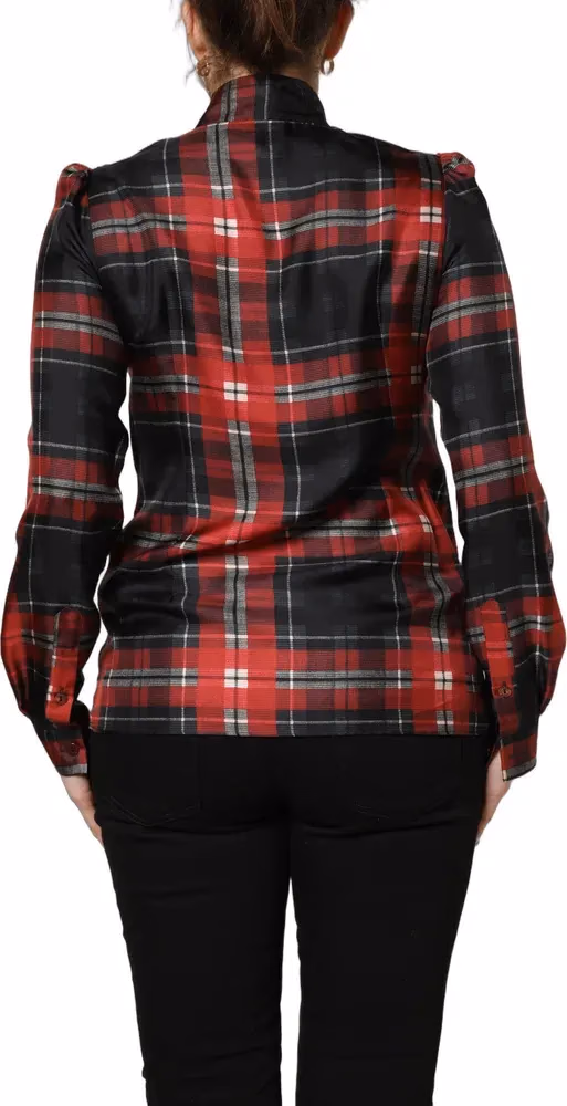 Dolce & Gabbana Red Black Plaid Silk Tie-Neck Blouse Top