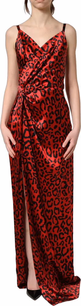 Dolce & Gabbana Red Leopard Draped Sleeveless Maxi Dress
