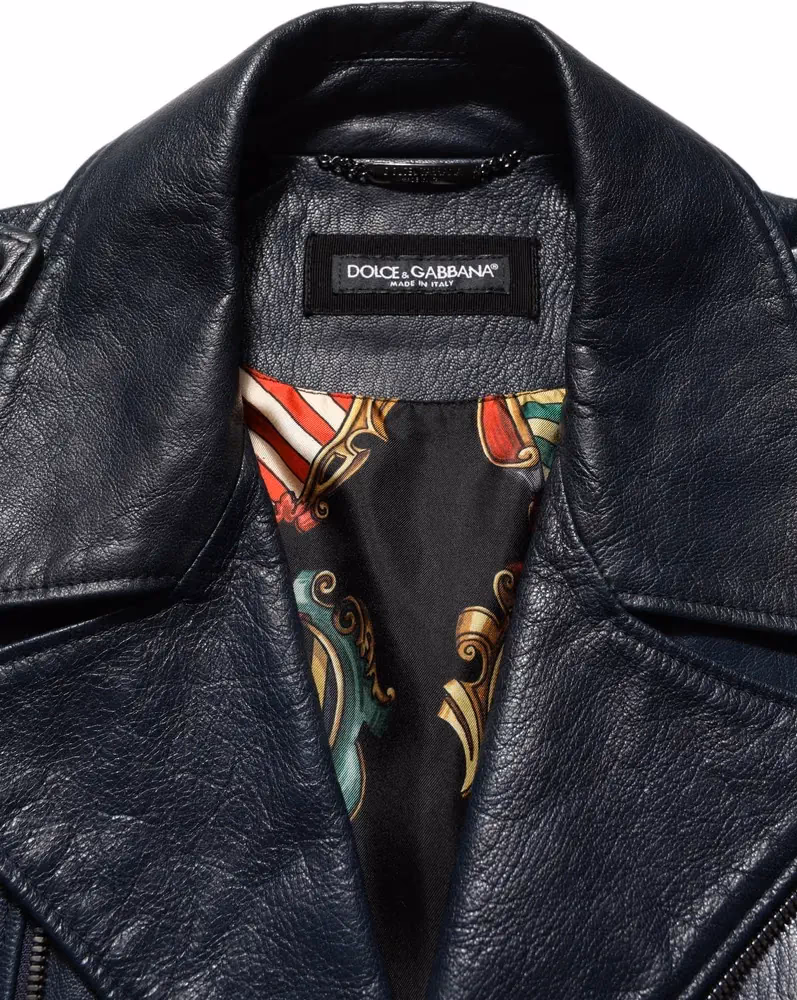 Dolce & Gabbana Black Leather Men Biker Coat Goatskin Jacket
