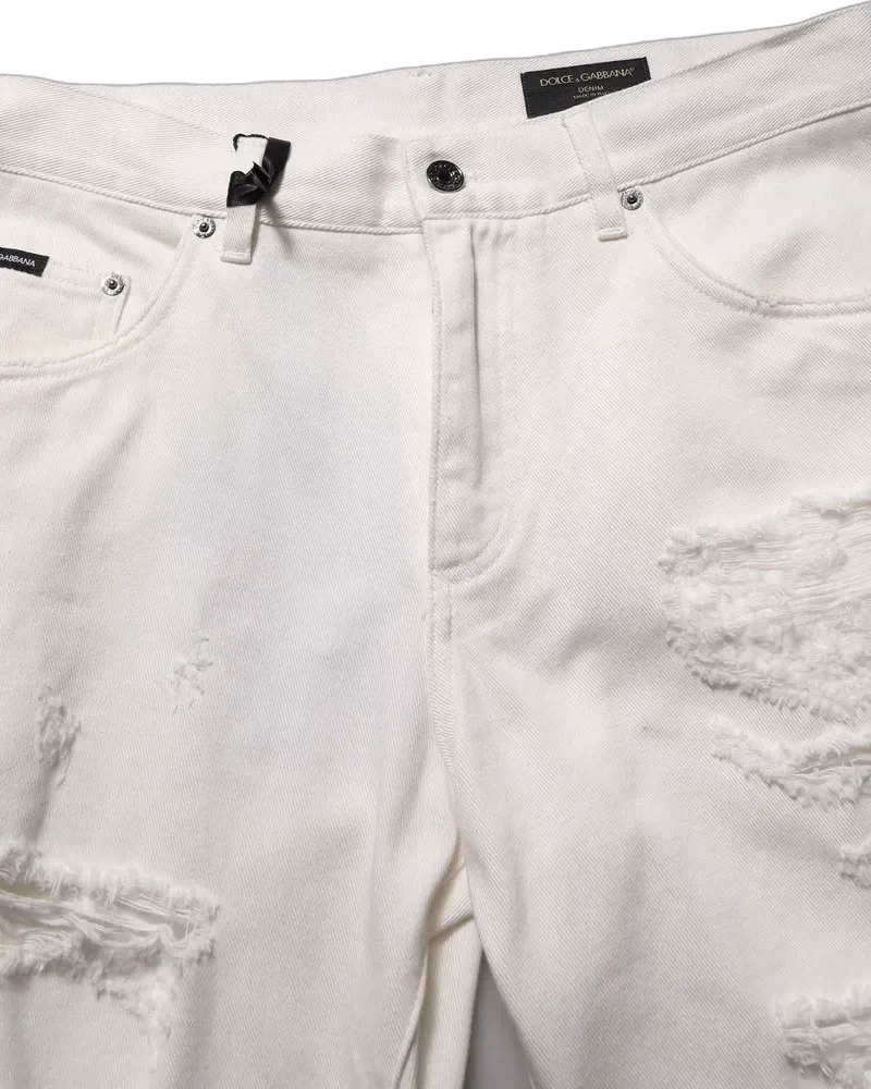 Dolce & Gabbana White Cotton Distressed Straight Denim Jeans