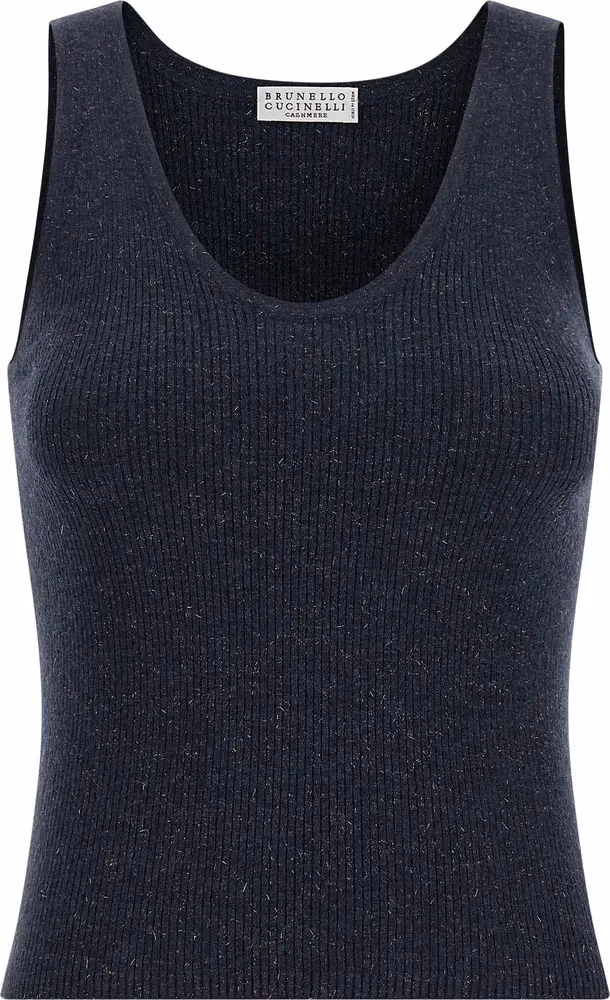Brunello Cucinelli Blue Cashmere Sleeveles T-Shirt