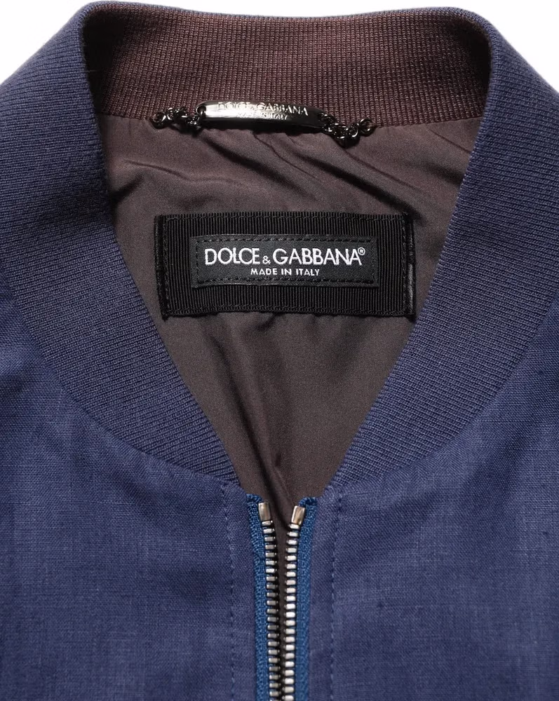 Dolce & Gabbana Blue Linen Full Zip Men Bomber Jacket