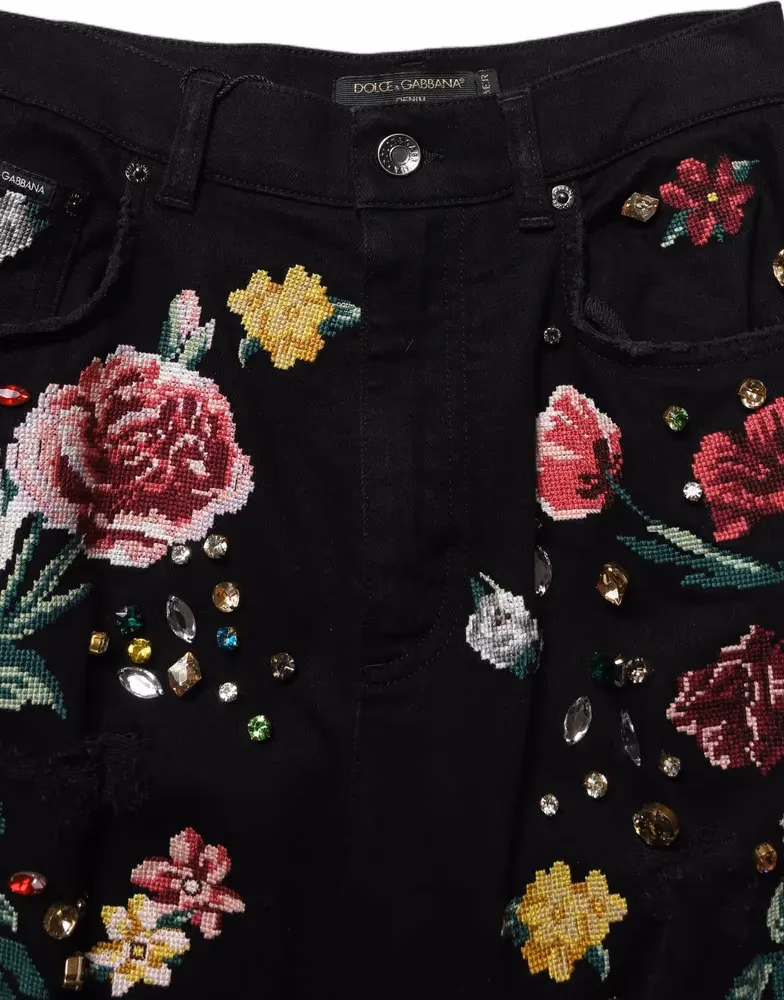 Dolce & Gabbana Black Floral Cotton High Waist Tapered Pants