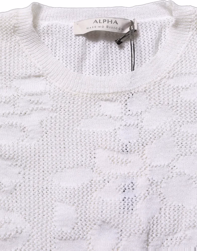 Alpha Studio White Floral Lace Knit Fabric Short Sleeves Blouse Top