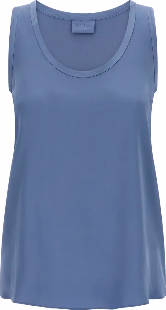 Brunello Cucinelli Blue Silk Sleeveles T-Shirt