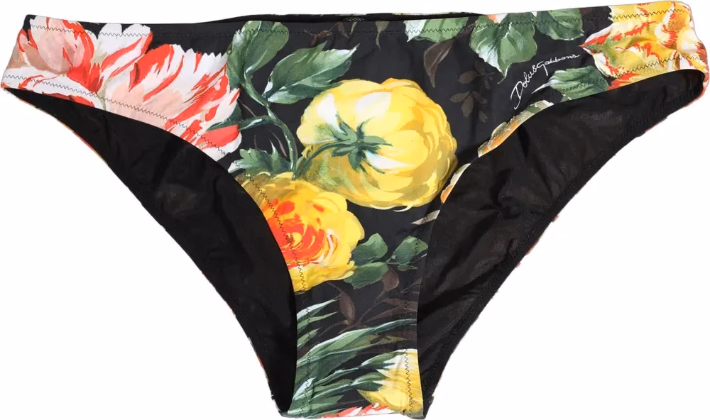 Dolce & Gabbana Black Nylon Floral Print Bikini Bottom Swimwear
