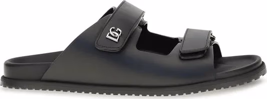 Dolce & Gabbana Black Calf Leather Bos Taurus Flat Sandals