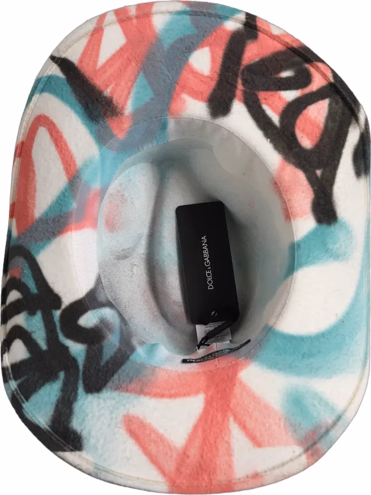 Dolce & Gabbana Men White Graffiti Wide Brim Fedora Capello Hat