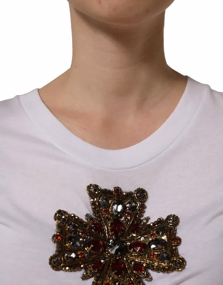 Dolce & Gabbana White Crystal Embellished Cross Top T-shirt