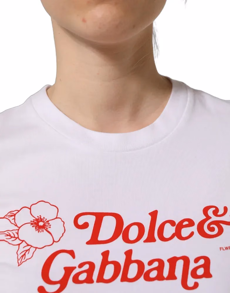 Dolce & Gabbana White Floral Logo Print Crew Neck T-shirt