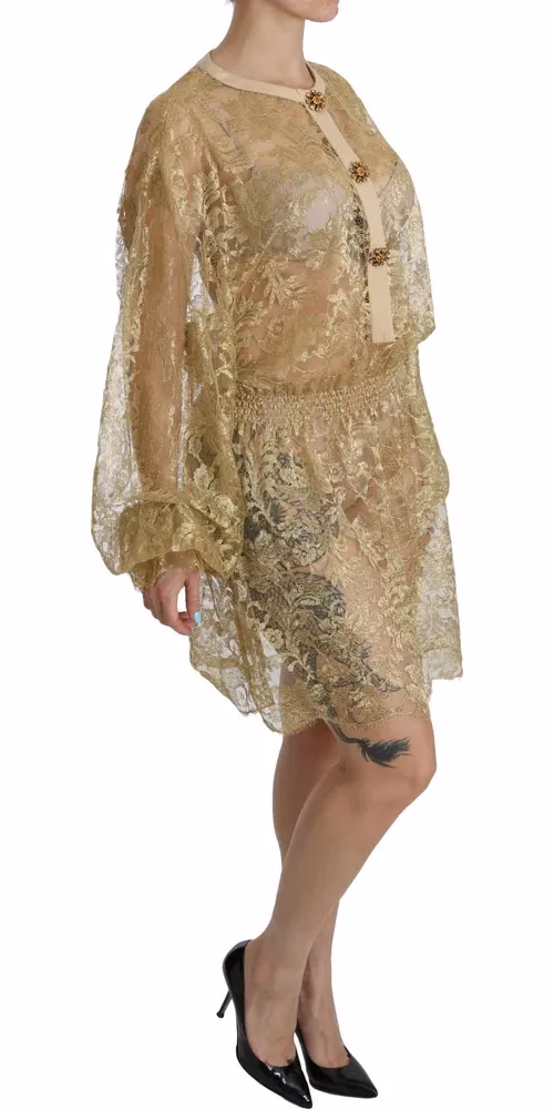 Dolce & Gabbana Gold Lace See Through A-Line Knee Length Dress