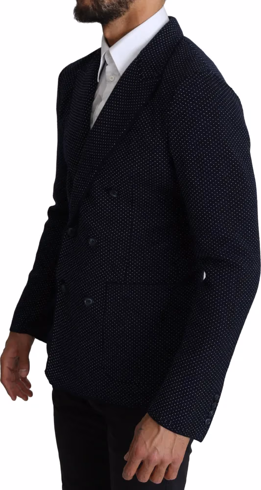 Dolce & Gabbana Dark Blue Dotted Double Breasted Coat Blazer