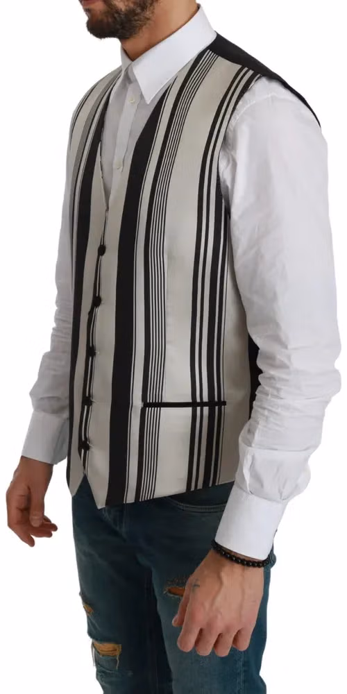 Dolce & Gabbana White Gray Black Stripes Waistcoat Formal Vest