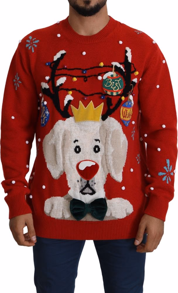 Dolce & Gabbana Red Christmas Dog Pullover Cashmere Sweater