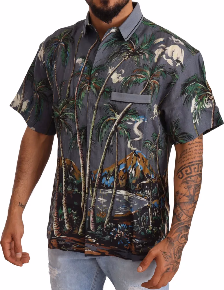 Dolce & Gabbana Gray Linen Tropical Print Collared Shirt