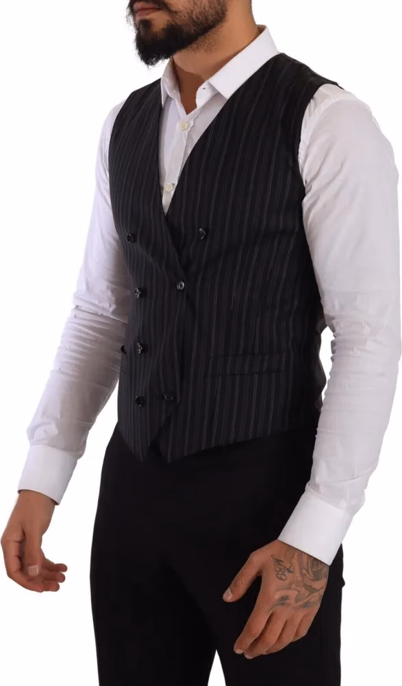 Dolce & Gabbana Gray Striped Double Breasted Waistcoat Vest