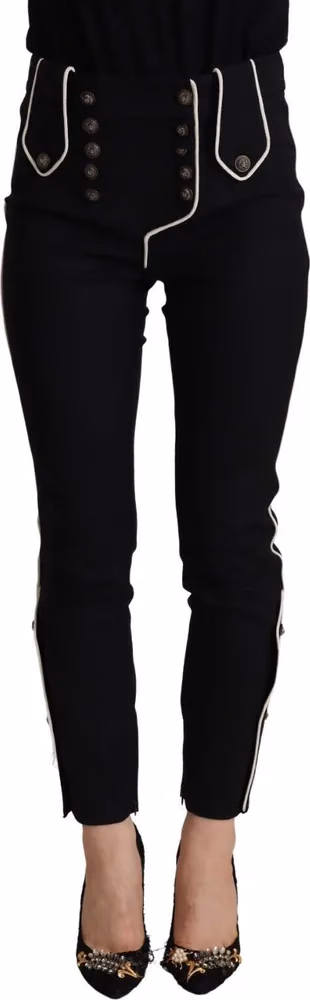 Dolce & Gabbana Black Mid Waist Button Embellished Slim Fit Pants