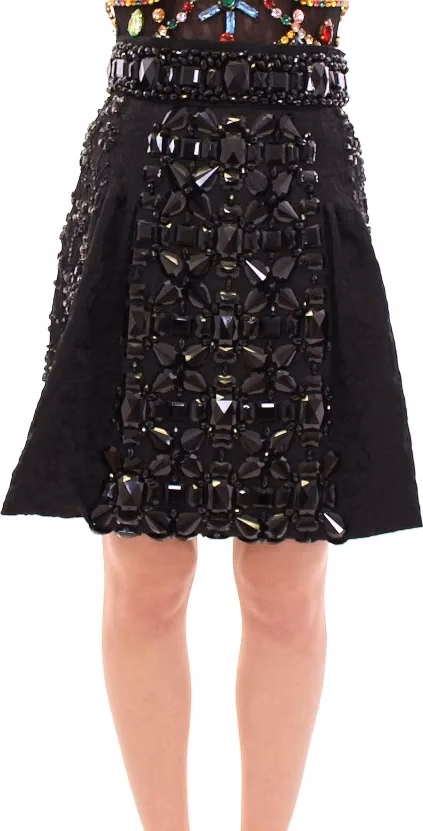 Dolce & Gabbana Black Crystal Handmade Above Knee Skirt