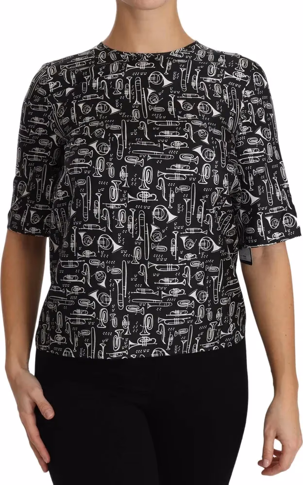Dolce & Gabbana Black Musical Instruments Print Silk Blouse