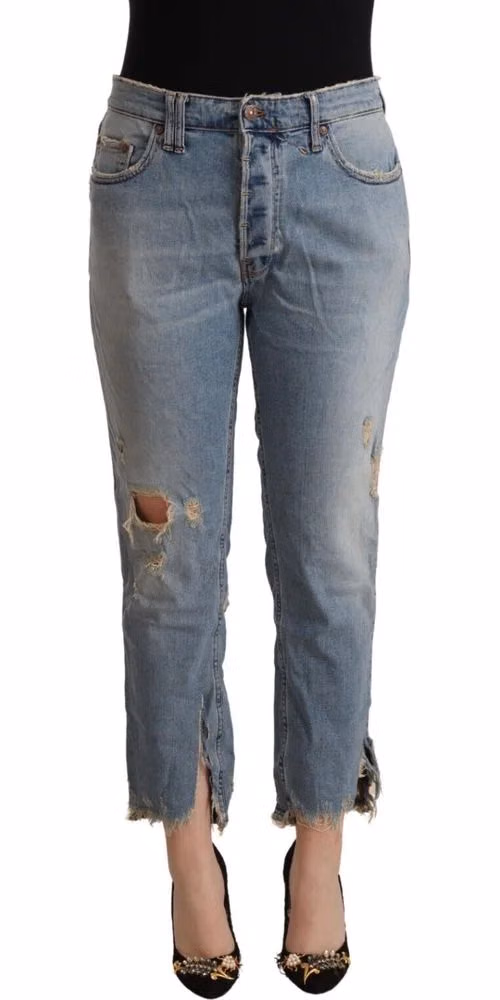 CYCLE Light Blue Distressed Mid Waist Cropped Denim Jeans