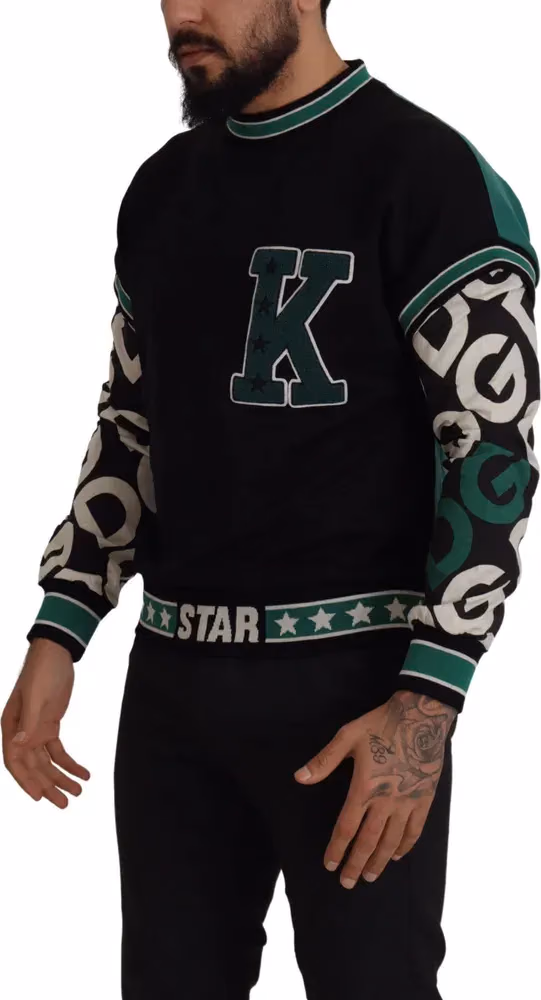Dolce & Gabbana Black Green Cotton KING Star Crewneck Pullover Sweater