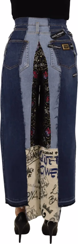 Dolce & Gabbana Multicolor Patchwork DG Fashion Wide Leg Denim Pant