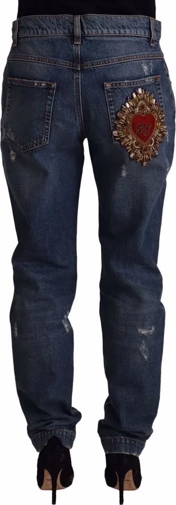 Dolce & Gabbana Blue Denim Baroque Heart Logo Patch Pants Jeans