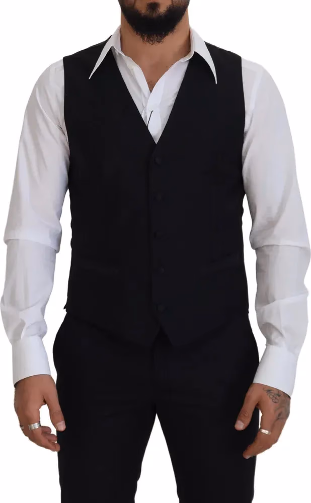 Dolce & Gabbana Black Virgin Wool Waistcoat Formal Dress Vest