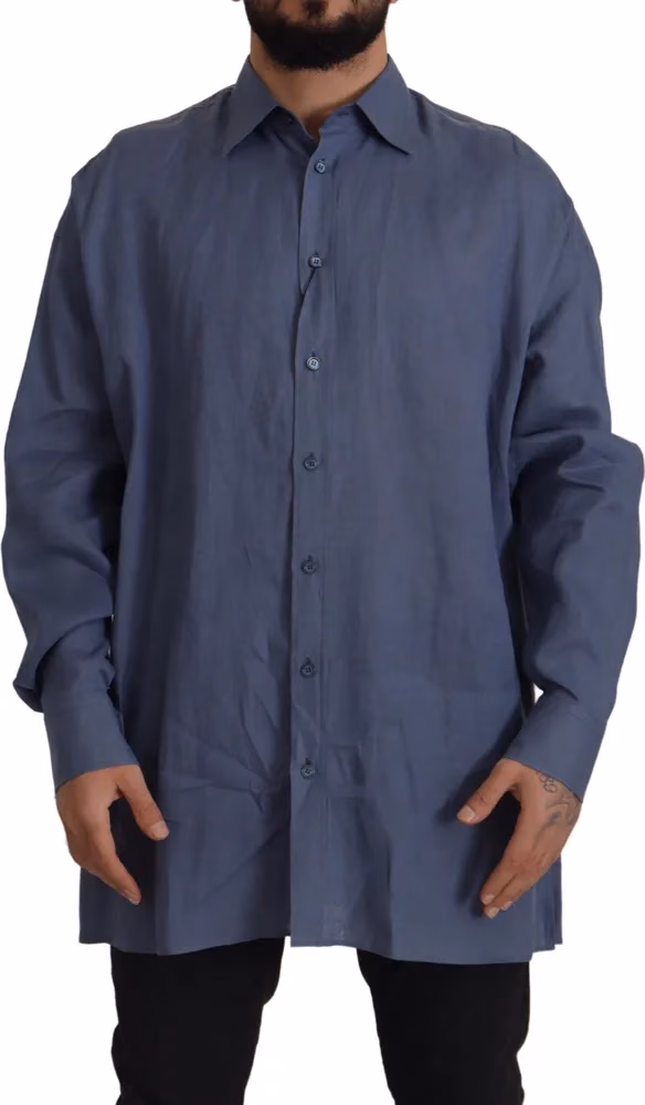 Dolce & Gabbana Dark Blue Linen Slim Fit Dress Formal Men Shirt