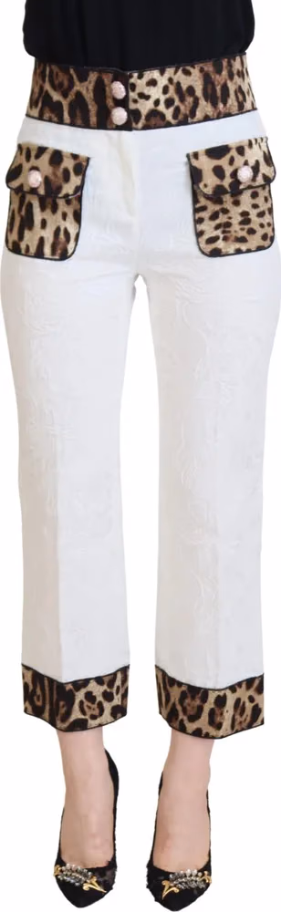 Dolce & Gabbana White Leopard Print High Waist Pants