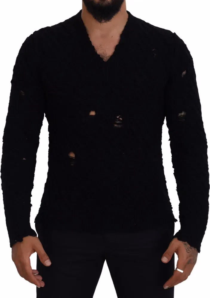 Dolce & Gabbana Black Wool V-neck Knitted Pullover Sweater