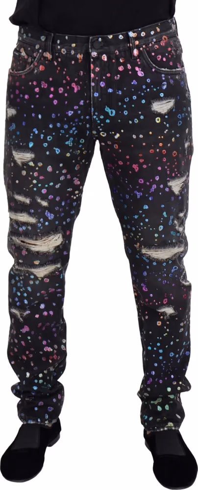 Dolce & Gabbana Black Multicolor Print Tattered Denim Jeans