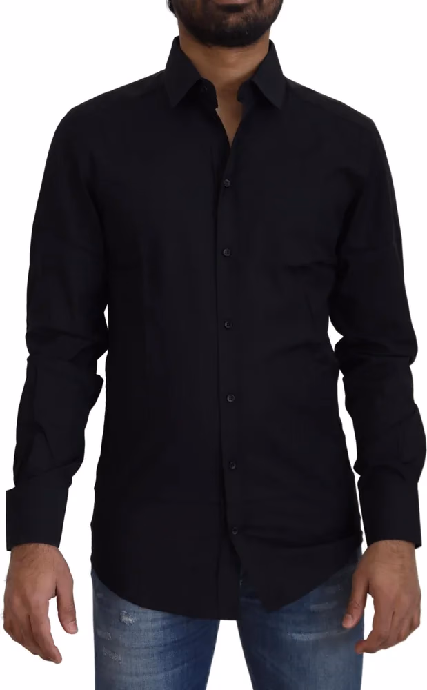 Dolce & Gabbana Black Cotton Slim Fit Formal Dress GOLD Shirt