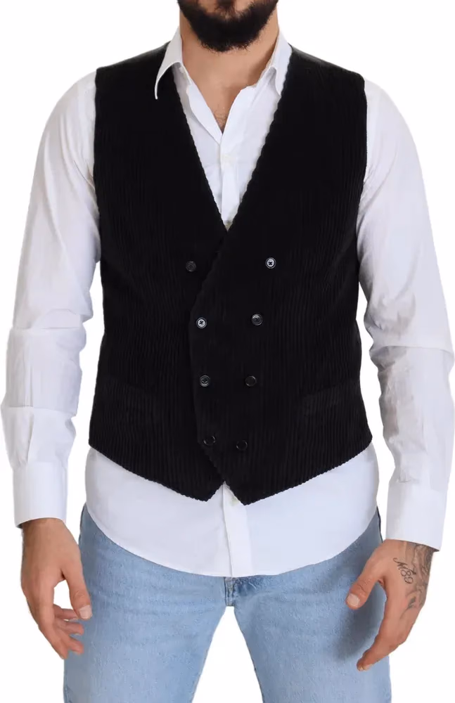 Dolce & Gabbana Black Cotton Double Breasted Waistcoat Vest