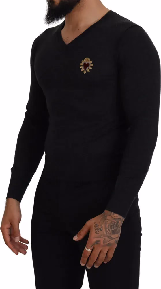Dolce & Gabbana Gray Cashmere V-neck Gold Heart Sweater